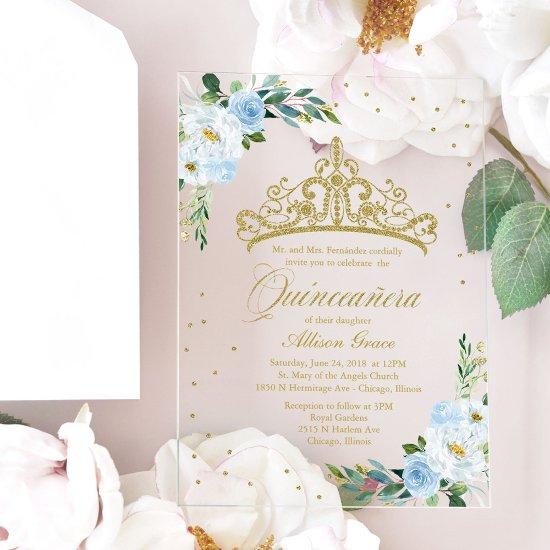 Gold Tiara Dusty Blue Flowers Quinceañera  Acrylic