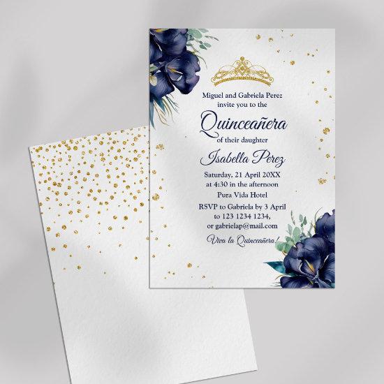 Gold Tiara Glitter and Floral Quinceanera