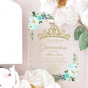 Gold Tiara Teal Flowers Quinceañera  Acrylic