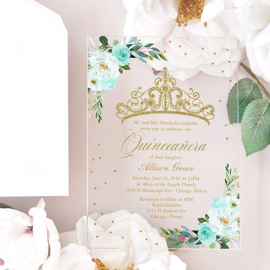 Gold Tiara Teal Flowers Quinceañera  Acrylic