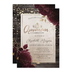 Gold Tiara,Wood Burgundy Roses Quinceañera