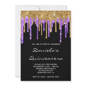 Gold Violet Glitter Drips Black Quinceañera
