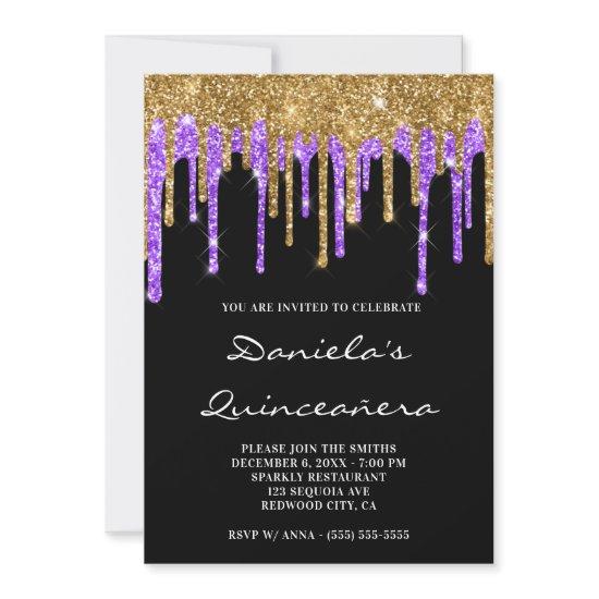 Gold Violet Glitter Drips Black Quinceañera