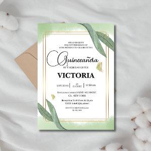 gold Watercolor Sage green butterfly Quinceanera