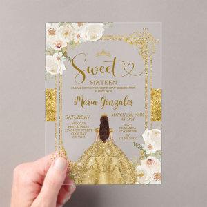 Gold & White Flowers Sweet Sixteen Crown Birthday Acrylic
