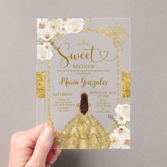 Gold & White Flowers Sweet Sixteen Crown Birthday Acrylic