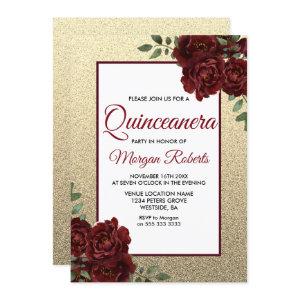Golden Burgundy Red Rose Quinceanera Invite