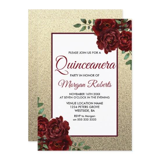 Golden Burgundy Red Rose Quinceanera Invite