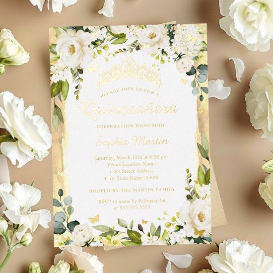 Golden Butterfly Champagne Floral Quinceanera   Foil