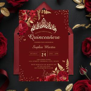 Golden Butterfly Red Floral Rose Quinceanera  Foil