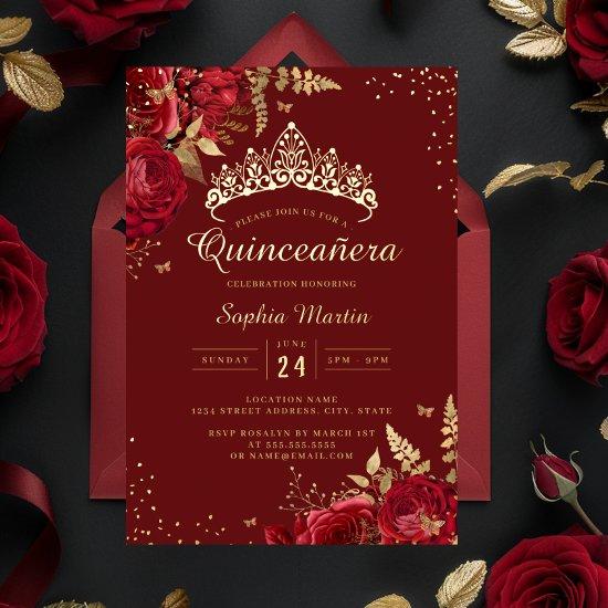 Golden Butterfly Red Floral Rose Quinceanera  Foil