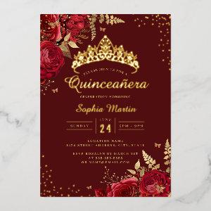 Golden Butterfly Red Gold Floral Quinceanera  Foil