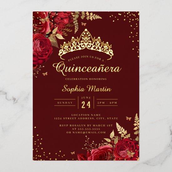 Golden Butterfly Red Gold Floral Quinceanera  Foil