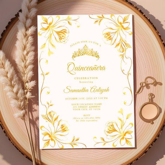 Golden Crown Luxury Gold Floral Quinceañera