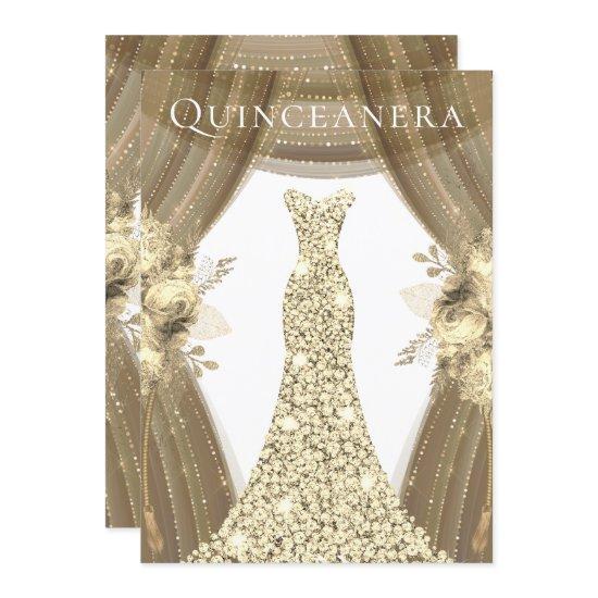 Golden Dress & Flowers Elegant Quinceanera