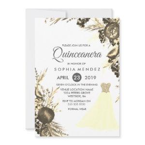 Golden Dress Gown Floral Quinceanera invite