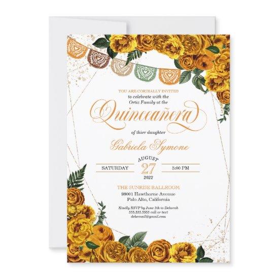 Golden ellow Rose Papel Picado Fiesta Quinceañera