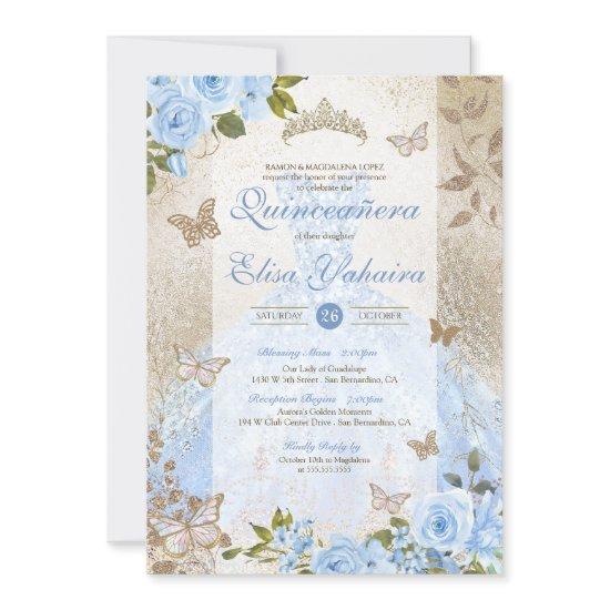 Golden Glam Cinderella Blue Butterfly Quinceanera