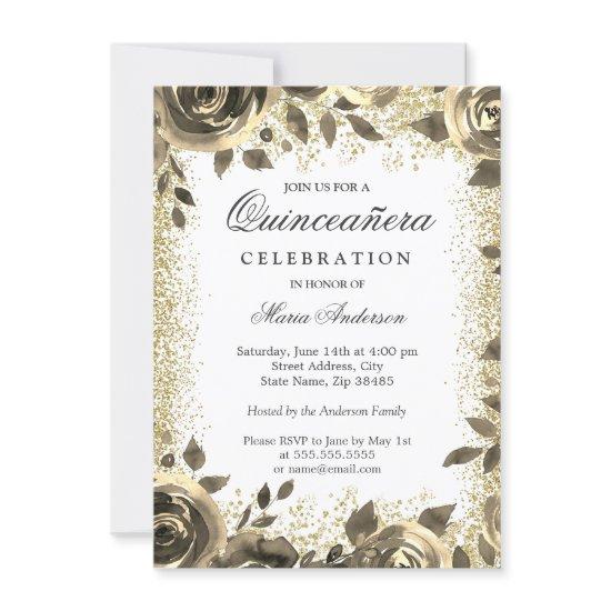Golden Glitter Floral Modern Quinceanera Party