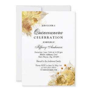 Golden Sparkle Flowers Quinceanera Party Invite