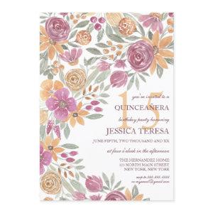 Golden Yellow Pink Floral Watercolor Quinceañera