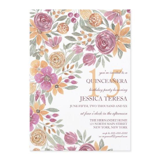 Golden Yellow Pink Floral Watercolor Quinceañera