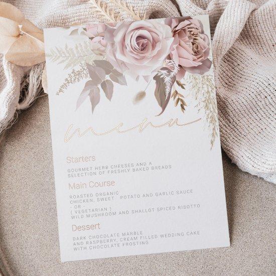 Gorgeous Blush Floral Wedding Rose Gold Foil Menu Foil