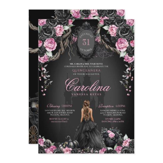Gothic Halloween Black Roses Pink Quinceañera