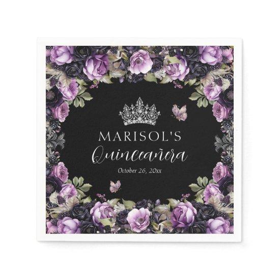 Gothic Purple & Black Moody Florals Quinceañera Napkins