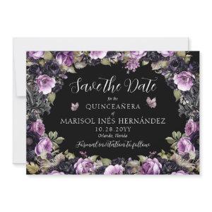 Gothic Purple & Black Moody Florals Quinceañera Save The Date