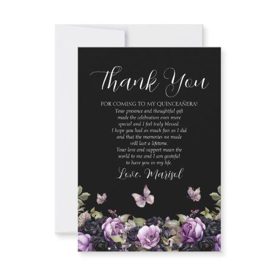 Gothic Purple & Black Moody Florals Quinceañera Thank You Card