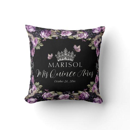 Gothic Purple & Black Moody Florals Quinceañera Throw Pillow