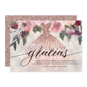 Gracias Rose Gold Glitter Floral Quinceañera  Thank You Card