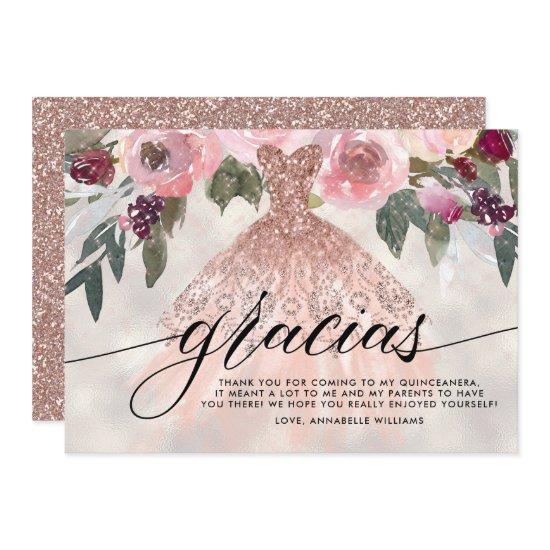 Gracias Rose Gold Glitter Floral Quinceañera  Thank You Card