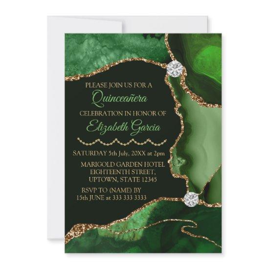 Green and Gold Faux Glitter Agate Quinceanera