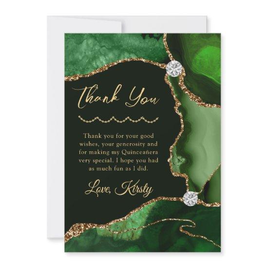 Green and Gold Faux Glitter Agate Quinceanera Thank You Card