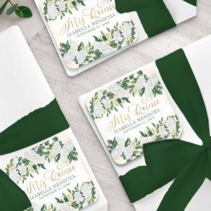 Green and Gold White Peony Rose Floral Mis Quince Square Sticker