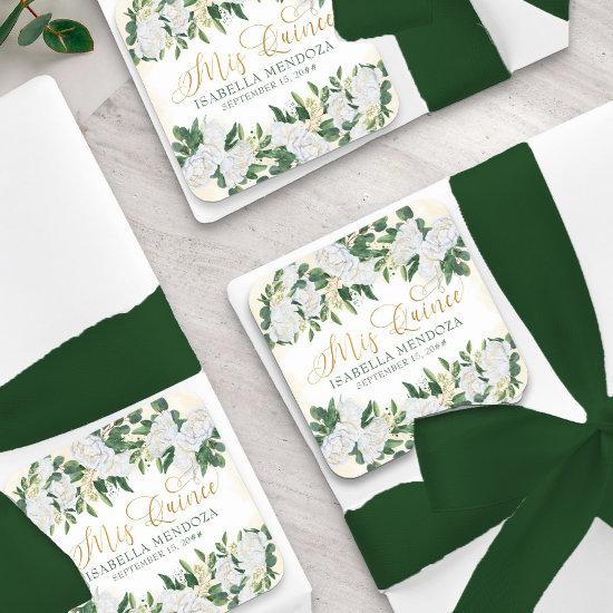 Green and Gold White Peony Rose Floral Mis Quince Square Sticker