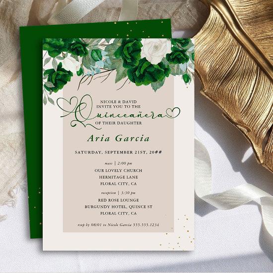 Green and Ivory Floral Roses Quinceanera and Mass