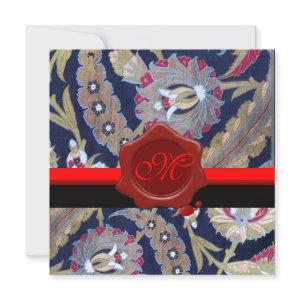 GREEN & BLACK BLUE DAMASK, RED WAX SEAL MONOGRAM