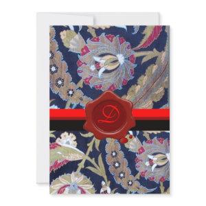 GREEN & BLACK BLUE DAMASK, RED WAX SEAL MONOGRAM