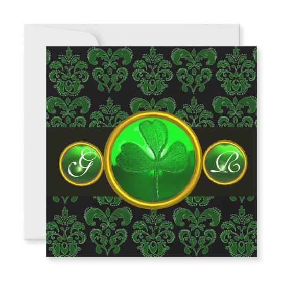 GREEN BLACK DAMASK WITH SHAMROCK  EMERALD MONOGRAM
