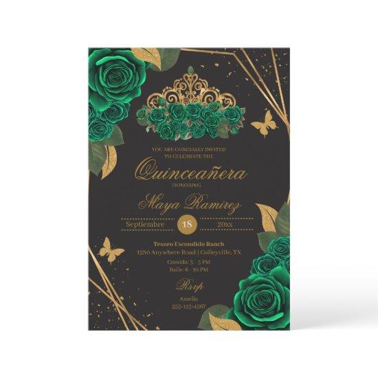 Green Black Roses Tiara Gold Glitter Quinceañera