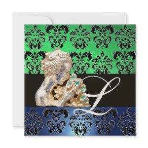 GREEN BLUE ,BLACK, WHITE DAMASK JEWEL MONOGRAM