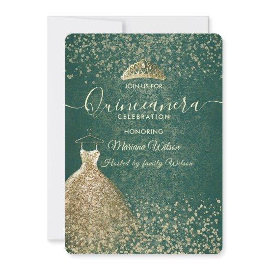 Green cool Gold sequins dress tiara Quinceañera
