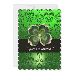 GREEN DAMASK,GOLD SHAMROCK JEWEL WITH WHITE PEARLS