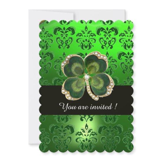 GREEN DAMASK,GOLD SHAMROCK JEWEL WITH WHITE PEARLS