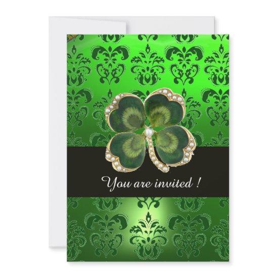 GREEN DAMASK,GOLD SHAMROCK JEWEL WITH WHITE PEARLS