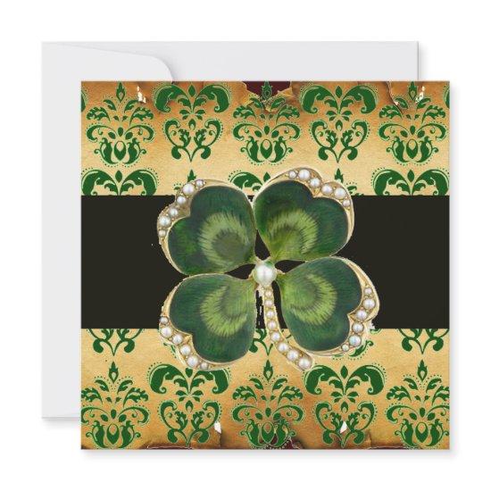 GREEN DAMASK,GOLD SHAMROCK JEWEL WITH WHITE PEARLS