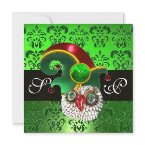 GREEN DAMASK ,JEWEL OWL WITH ELF HAT MONOGRAM